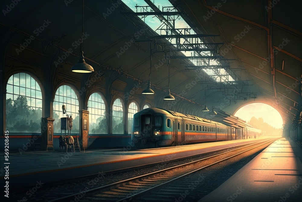 Poster an unoccupied platform at a railway station with a moving train in the background. generative ai