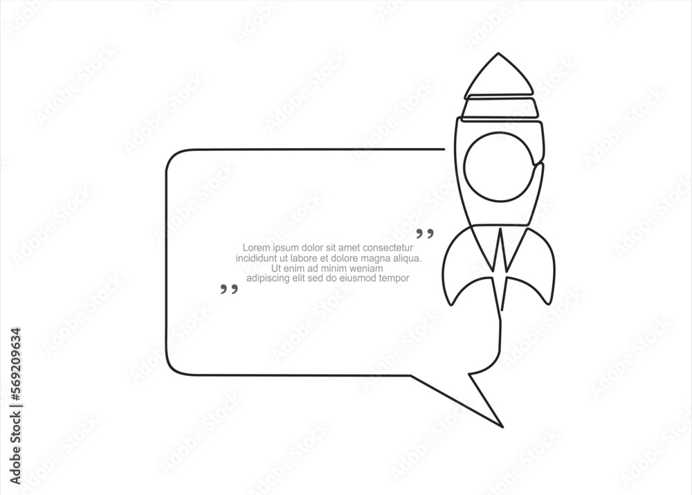 Poster continuous one line drawing of rocket launch, ship and speech bubble. trendy line art vector on a wh
