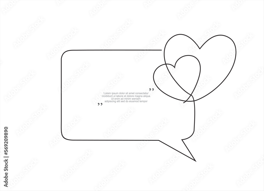 Poster continuous one line drawing of hearts and speech bubble. trendy line art vector on a white backgroun