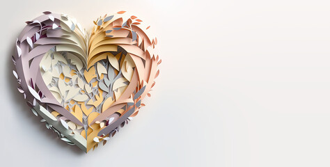 Big colorful pastel colors paper cut heart on white background. Quilling art style. Banner with place for text. Template for Valentines day greeting card. Generative AI.