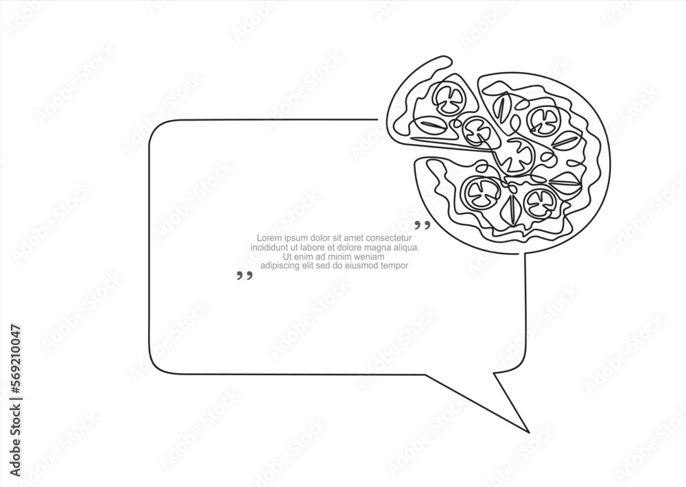 Poster continuous one line drawing of pizza and speech bubble. trendy line art vector on a white background