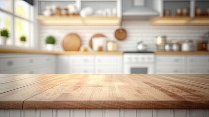 Wooden texture table top on blurred kitchen window background. For product display or design key visual layout. For showcase or montage your items (or foods). Product display mock up. Generative AI