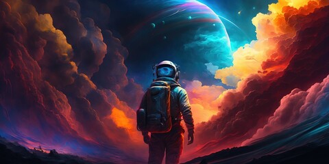 Wallpaper of an astronaut exploring an unknown world, on a moon or a habitable exoplanet , landscape Generative AI