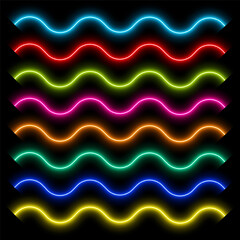 Neon wavy lines, colorful led tubes, isolated vector illustration.