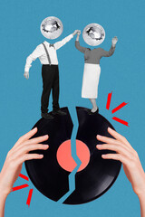 Vertical collage photo poster picture of two people wife husband dancing pieces vinyl disk isolated...