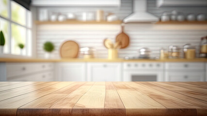 Wooden texture table top on blurred kitchen window background. For product display or design key visual layout. For showcase or montage your items (or foods). Product display mock up. Generative AI