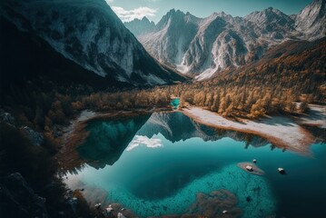 Albania's Valbona Valley National Park, seen from above, with its reflective waterways. Generative AI - obrazy, fototapety, plakaty