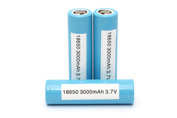 18650 batteries with a sticker about capacity, power, isolated on a white background. Rechargeable...