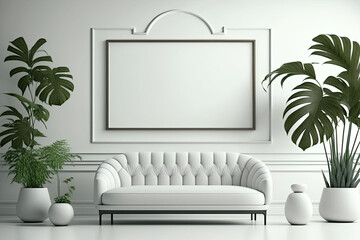 Modern minimalist interior room chair sofa and plant in white room made with Generative AI technology
