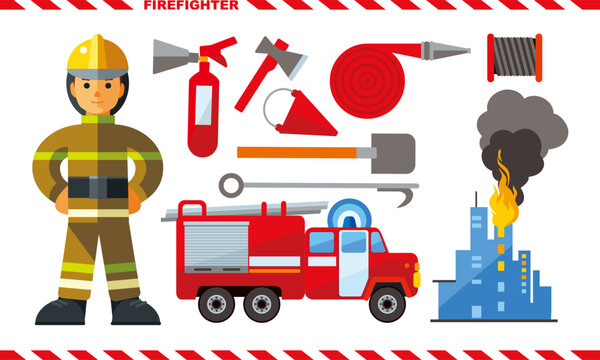 Fireman equipment flat icons collection with fireman, fire truck and fire extinguisher abstract isolated vector flat illustration.