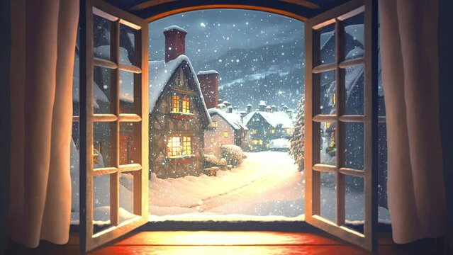 窓から眺める雪 幻想的 雪の結晶 田舎 風景 ループ シームレス