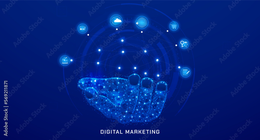 Leinwandbilder abstract low poly hand with data analysis icon for business, marketing, finance concept. hud digital
