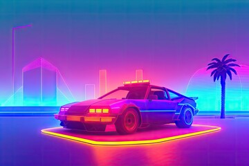 Fototapeta na wymiar 80s retro futuristic drive, vintage car. Synthwave sci-fi landscape. Retrowave style, night sky. Vaporwave. Generative AI