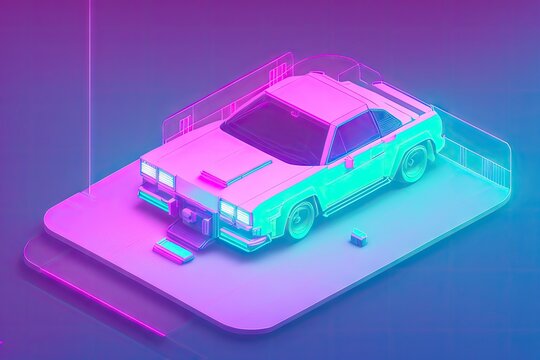 80s retro futuristic drive, vintage car. Synthwave sci-fi landscape. Retrowave style, night sky. Vaporwave. Generative AI
