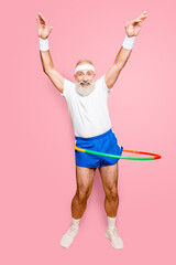 Emotional cool cheerful excited crazy funny fooling playful gymnast grandpa with comic grimace,...
