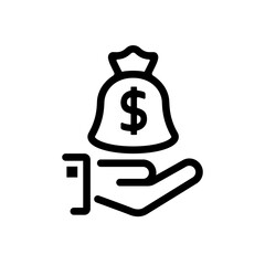 Bag of money in hands of businessman. Minimal line design. Earning money concept. Banking, investment, deposit. Giving, pay with coins. Vector illustration flat style. Isolated on white background.