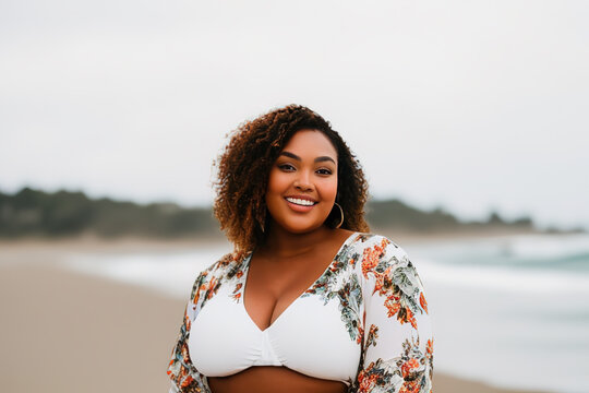 Generative AI image of smiling black woman on beach