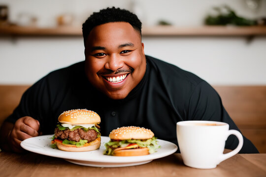Generative AI image of cheerful black man with burgers