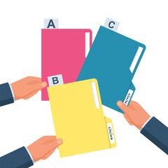 Card index in hand icon. Directory documents with numbering. Archive alphabetical registration. Catalog address. Colored folders. Vector illustration fdesign. Isolated on background. Organization file