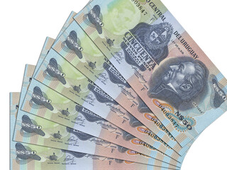The Uruguayan currency - the Uruguayan peso. Macro view of Uruguay paper money. Close-up Uruguay...