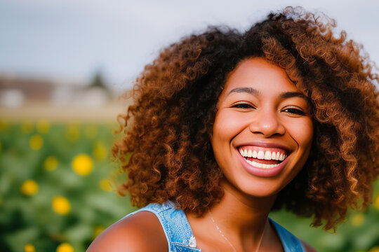 Generative AI image of cheerful black woman in nature