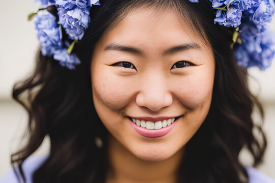 Generative AI image of smiling Asian woman with flowers in hair