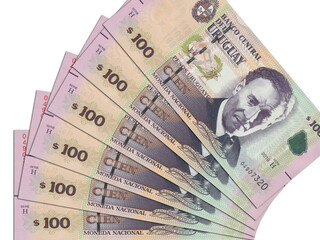 The Uruguayan currency - the Uruguayan peso. Macro view of Uruguay paper money. Close-up Uruguay money