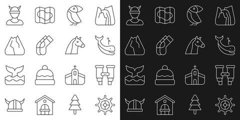 Set line Ship steering wheel, Binoculars, Whale, Albatross, Socks, Mountains, Viking head and Horse icon. Vector