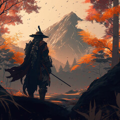 retro man looks at the mountain, autumn, orange leaves on the trees