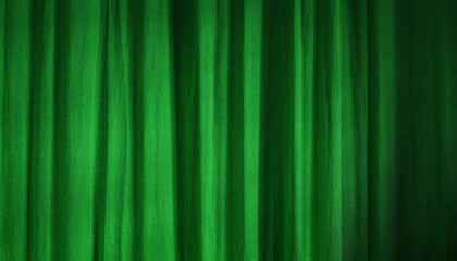 Wide green draped curtain texture. Home interior decoration background with linen fabric on a wall.