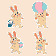 Groovy hippie Easter bunny set stickers. Retro happy Easter day. Easter bunny character in trendy retro 60s 70s cartoon style. Retro characters.