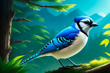 Blue jay bird digital painting art, with nature on background. Generative AI
