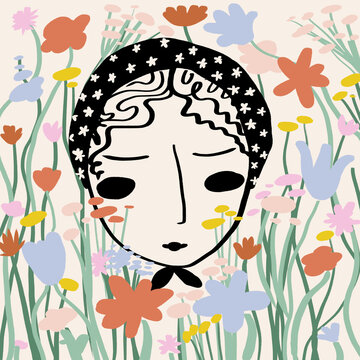 Vector illustration of cartoon female face surrounded by flowers