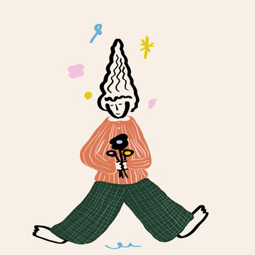 Vector illustration of happy woman with flowers