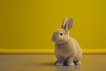Cute little rabbit sitting on uniform yellow floor background. Generative AI