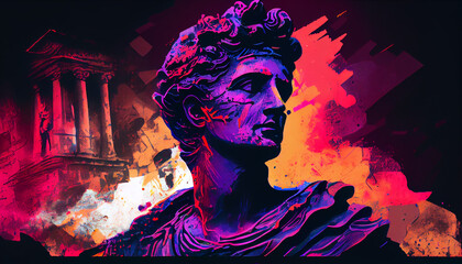 Bust of Roman emperor Gaius Julius Caesar in 80s purple neon synth wave style. Generative AI