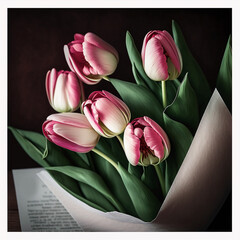 Festive pink tulips with green leaves, a white greeting card and an envelope. Generative AI, generative artificial intelligence