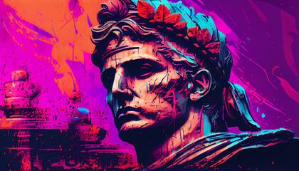 Portrait of Roman emperor Gaius Julius Caesar in 80s purple neon synth wave style. Generative AI