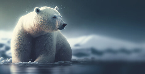 Plakat Polar bear with paws in ocean water. Looking right. Northern wildlife. Generative AI