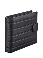 Classic men's wallet made of black leather, with embossed longitudinal stripes, on a clasp,...