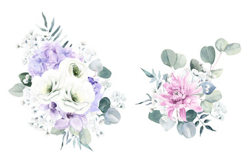 Watercolor Bouquet with White Lisianthus, Dahlias and Hydrangea. Perfect for invitation and social media.