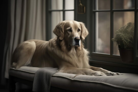 Golden Retriever. - A beautiful dog sits by the window in the house.