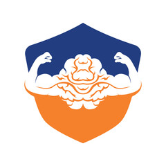 Strong brain vector logo design. Brain with strong double biceps.