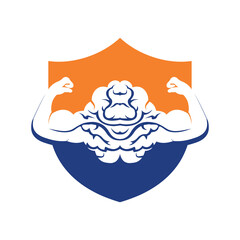 Strong brain vector logo design. Brain with strong double biceps.