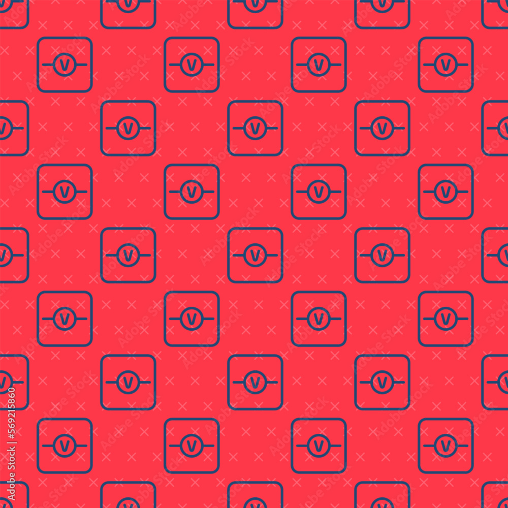 Poster blue line voltmeter electronic component icon isolated seamless pattern on red background. electrici