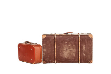 Antique vintage suitcases at empty white isolated background. Two old decorative retro suitcase isolate for insertion in image. Travel vacation concept. Copy text space for advertising