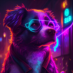 dog in neon light with glasses portrait
