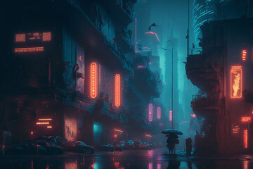 Futuristic night city landscape with street at cyber illuminated neon lights created with Generative AI