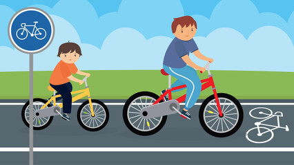 Fototapeta premium Father and son riding bikes on the bike path