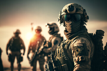 Fototapeta na wymiar Army soldier in Combat Uniforms with assault rifle, plate carrier and combat helmet are on, battlefield background created with Generative AI